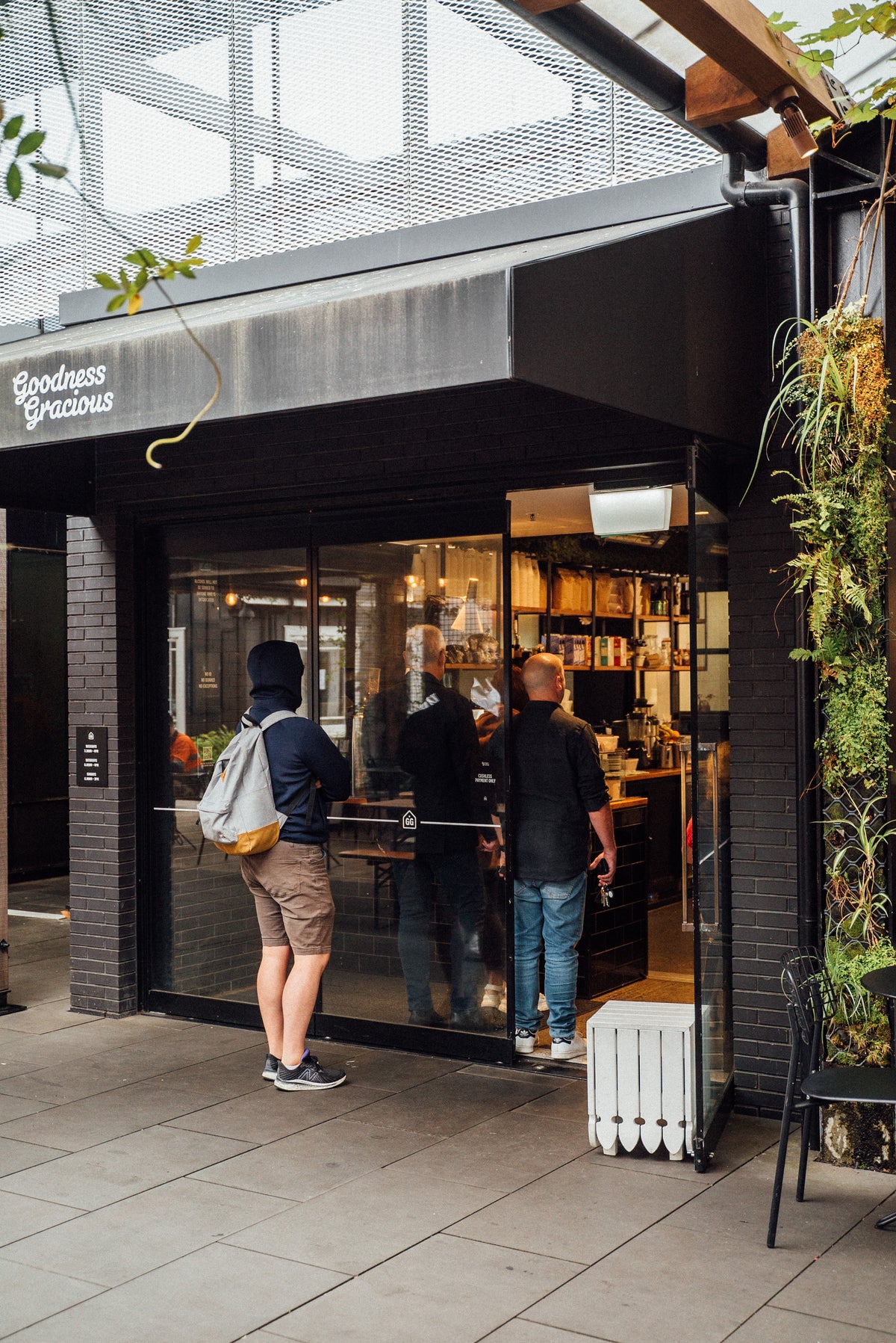 The Goodness Gracious entrance under the canopy at Smales Farm, Takapuna